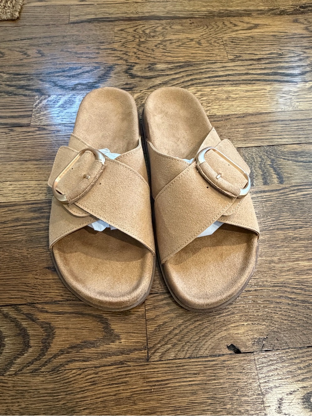 Women's Buckle Slide Sandals in Tan